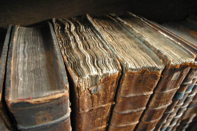 Antique book bindings on library shelves